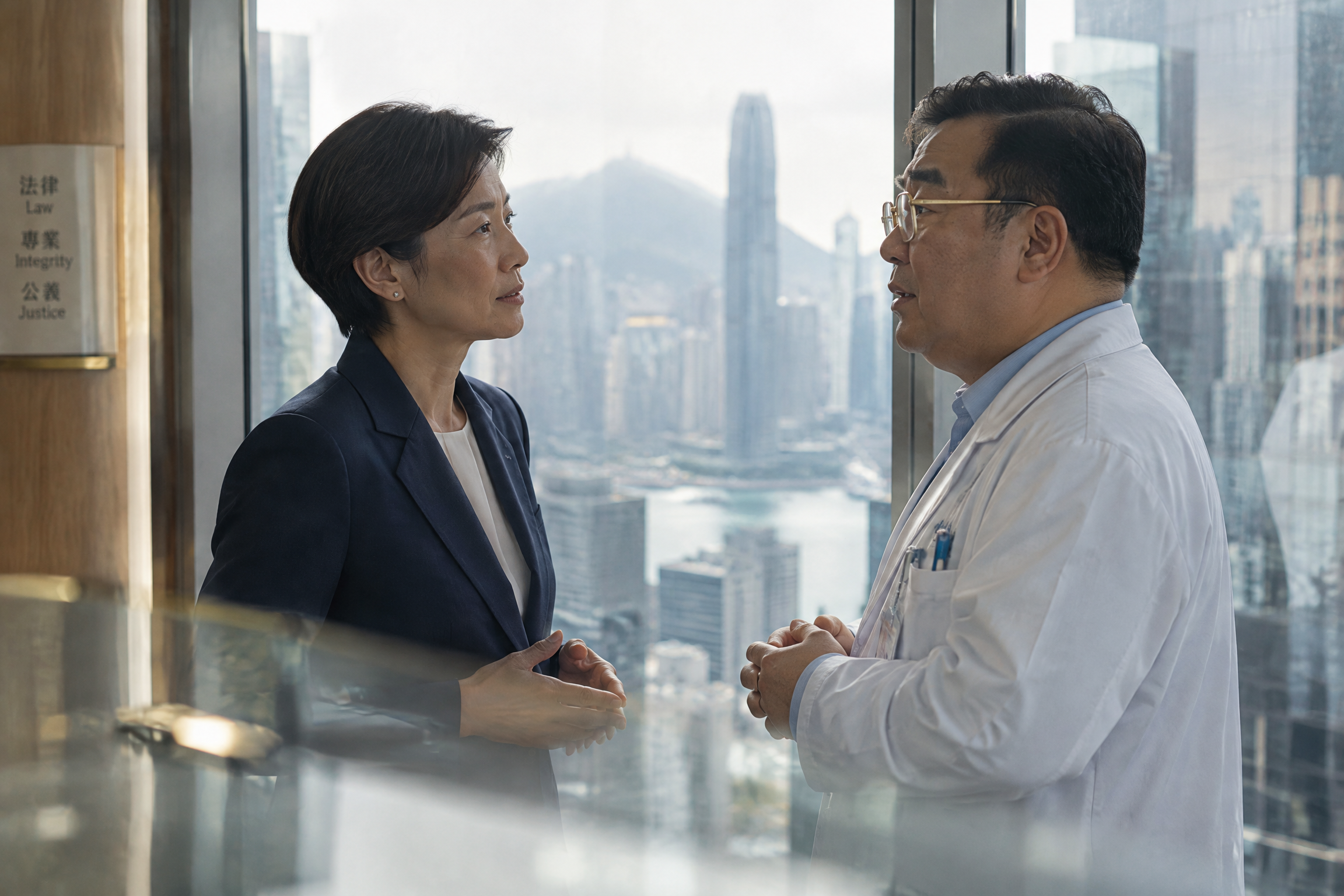 律師與醫生在會議室討論